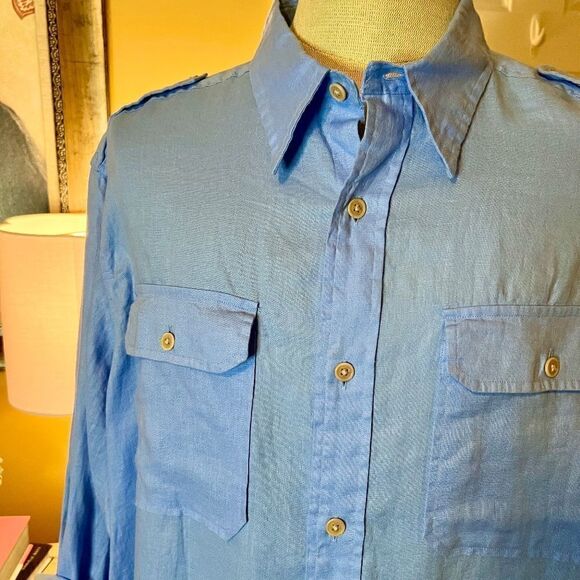 NWT Men's Cremieux Collection Canal Blue Linen Button Up Front Shirt Size XL - Picture 2 of 2